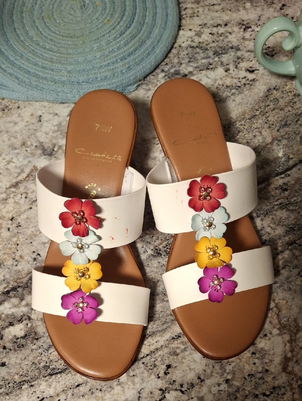White Floral Double-Band Slide Sandals with Multicolor Flowers
